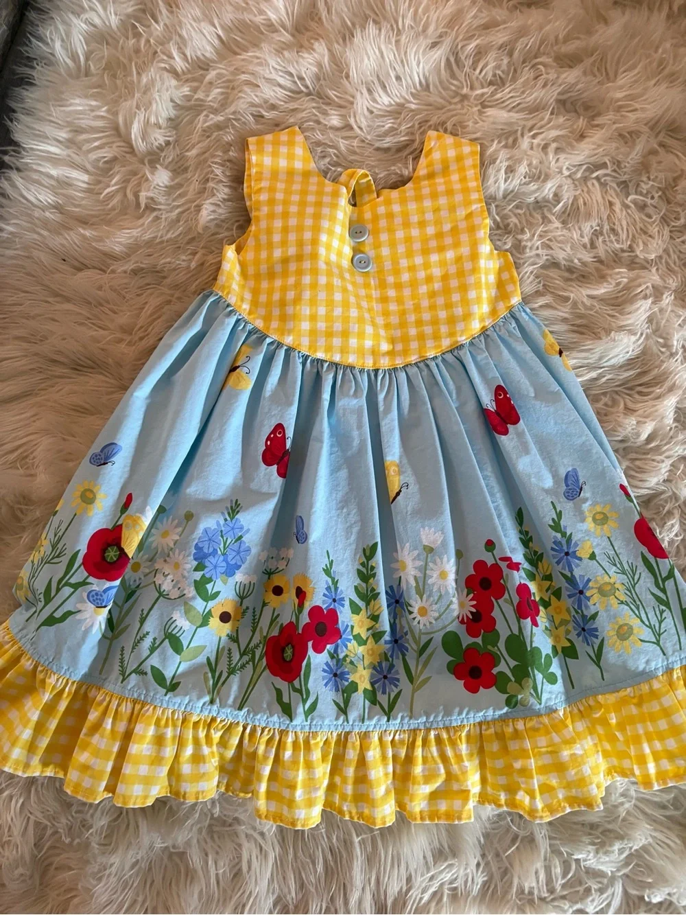 Eleanor Rose Children's Yellow Gingham & Blue Floral Garden Dress